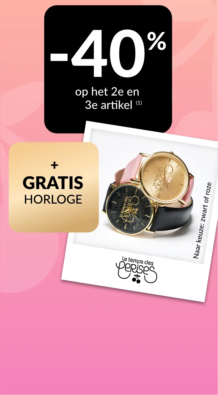 Profiteer van 40% korting op uw 2e en 3e artikel en een gratis horloge bij elke bestelling met de code 600001.