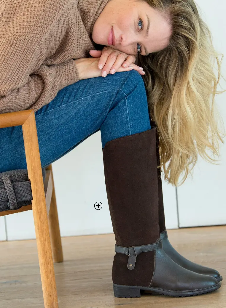 Bottes en cuir bimatière à mollets élastiques pour un ajustement parfait sur mollets larges, marque Blancheporte