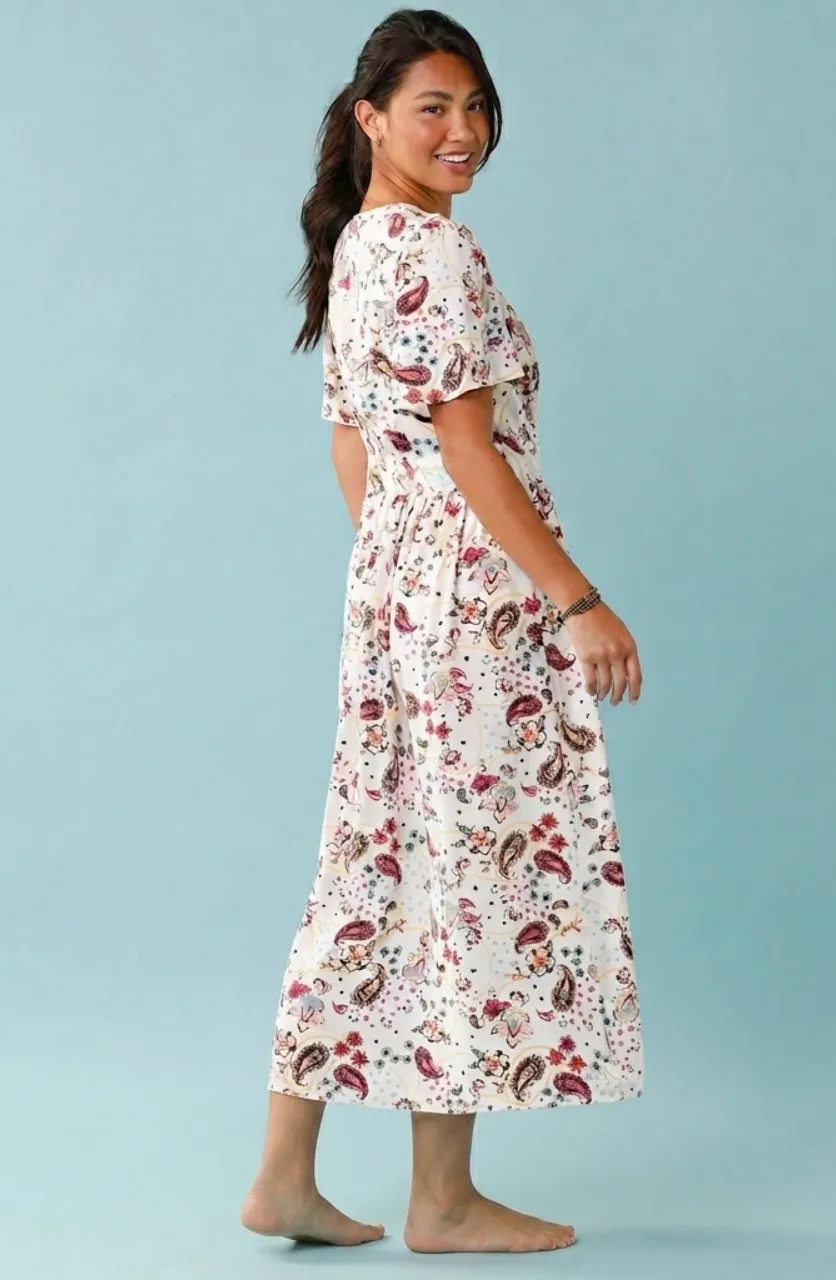 Lange damesjurk met knoopsluiting, bedrukt, getailleerd, van soepelvallende viscose, speciaal voor kleine maten, ecru - Blog Blancheporte
