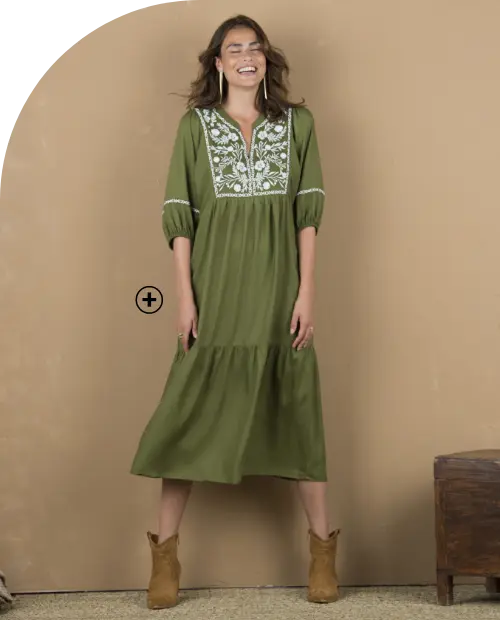 Robe longue à manches coudes avec broderies contrastées – Kaki | Blancheporte