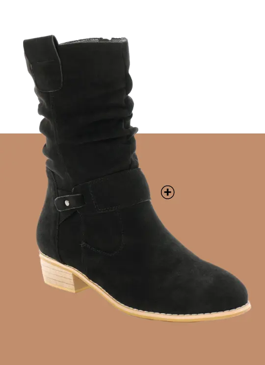 Bottes mi-hautes plissées taupe à petit talon effet bois, adaptées aux mollets larges, marque Blancheporte