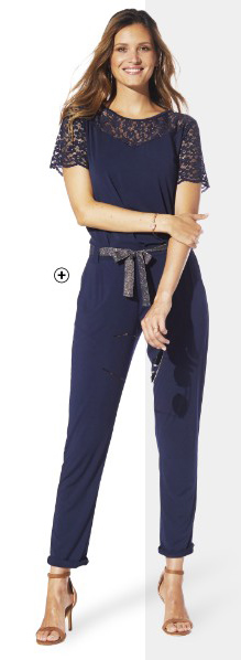 Tee-shirt femme dentelle col rond manches courtes uni bleu marine pas cher | Blancheporte
