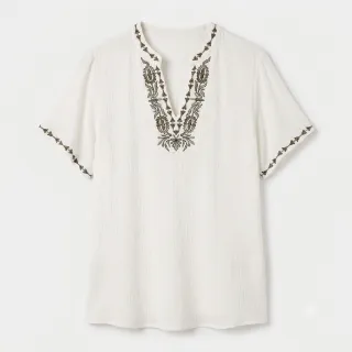Geborduurde crêpe blouse met korte mouwen, V-hals, ecru/kaki - Blancheporte Blog