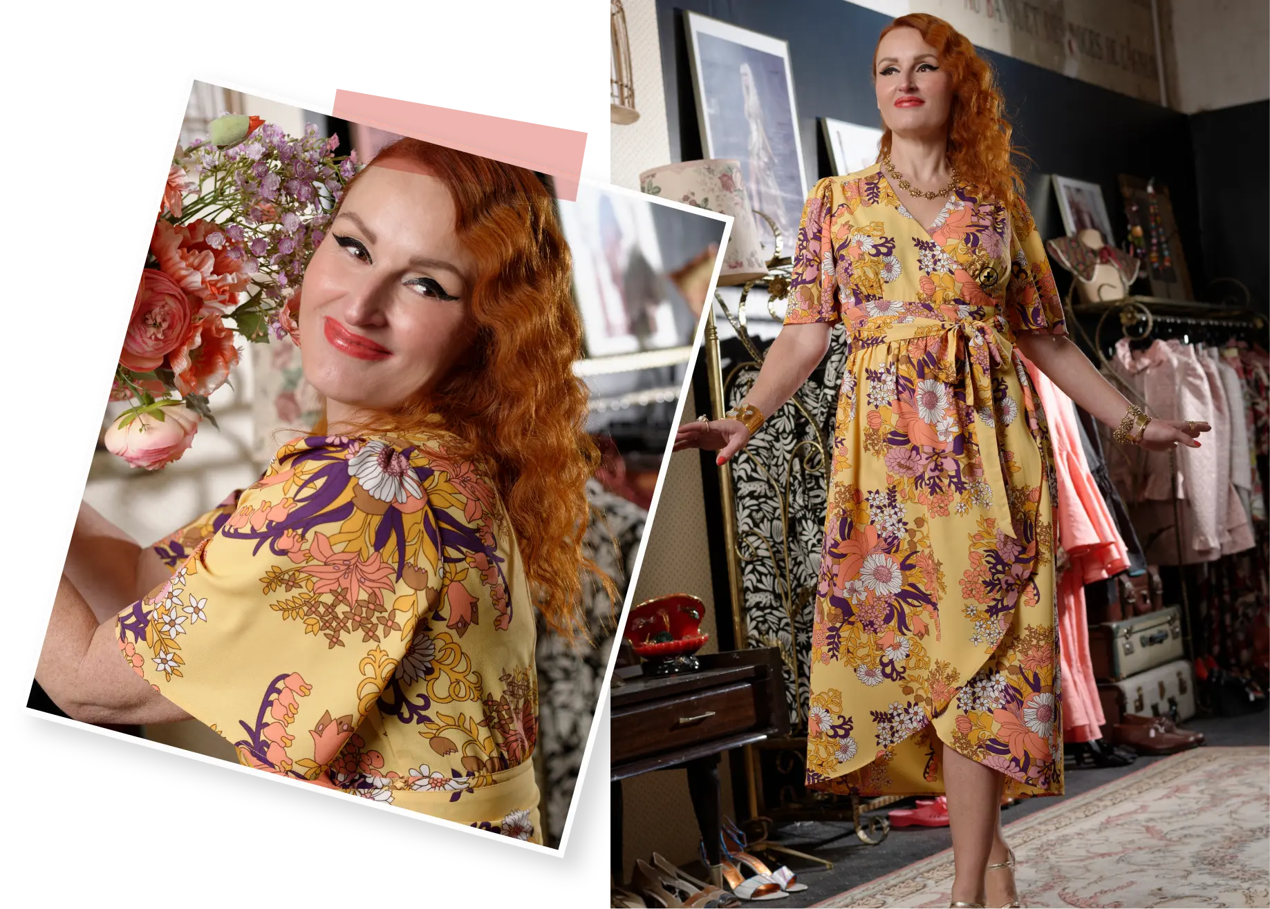 Robe cache-coeur imprimé jaune Kreuzberg | Collection Blancheporte x Marilyn Feltz