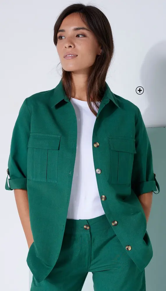 Chemisier femme en lin coton à manches retroussables vert foncé pas cher | Blancheporte