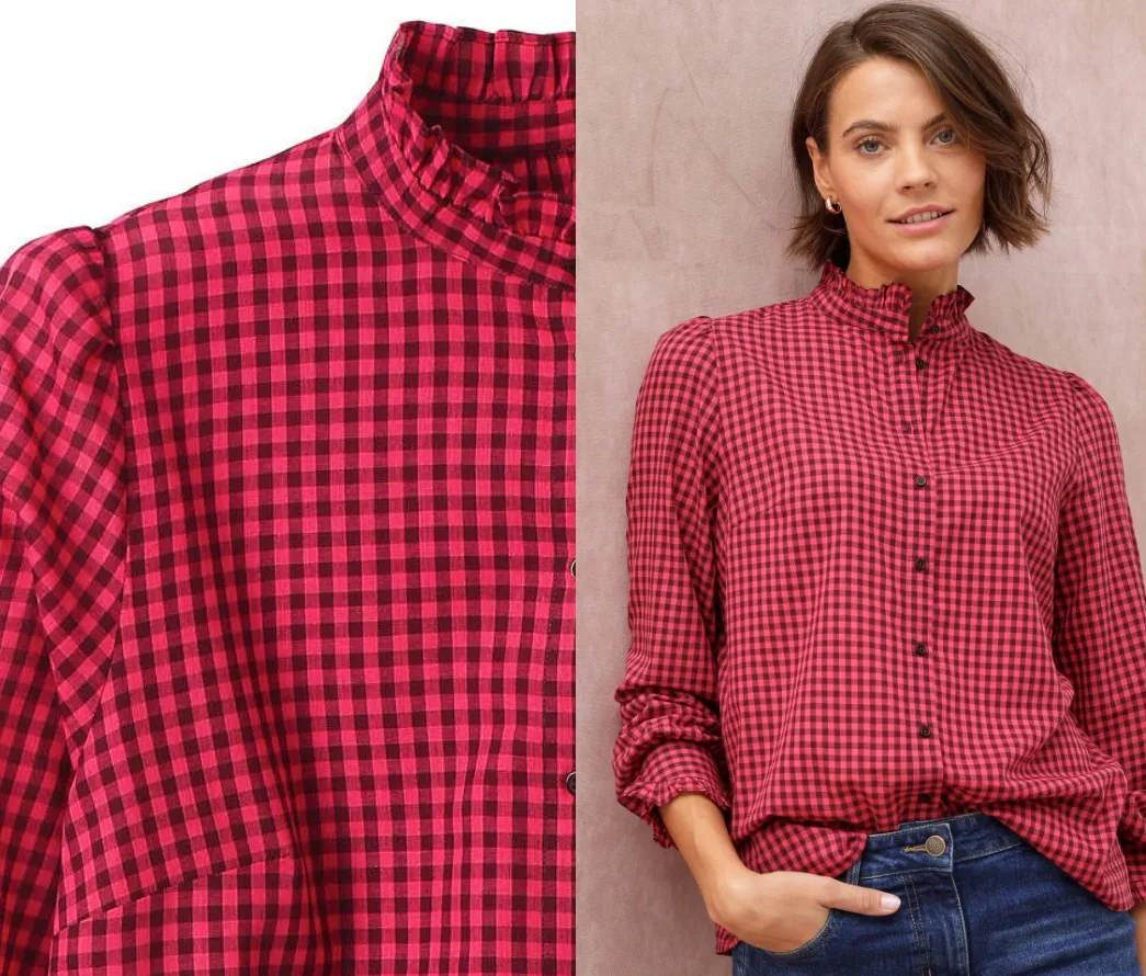 PRIX COUP DE CŒUR Chemise col officier volanté, manches longues, carreaux vichy bordeaux et rose - Blog Blancheporte