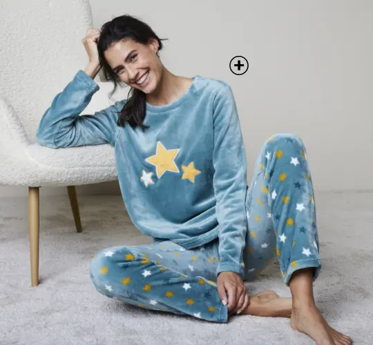 Pyjama voor dames met broek in fleece met sterrenmotief en pluchetouch, perfect materiaal voor de winter | Blancheporte