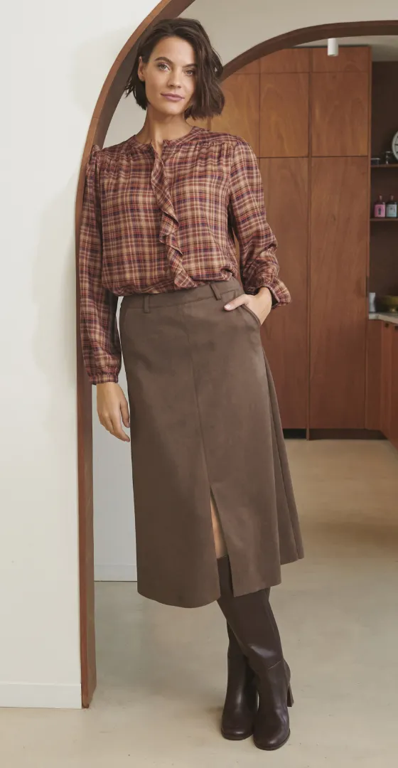 Blouse met ruches en lange mouwen, geweven ruitmotief, in caramel – Blancheporte-blog