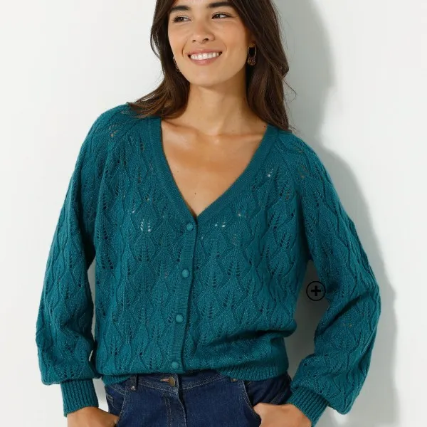 Pull femme en maille ajourée bleu pas cher | Blancheporte