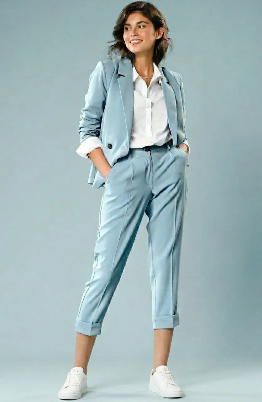 Damesbroek 7/8 smal uitlopend, speciaal voor kleine maten, katoen stretch stof, elastische taille, lichtblauw - Blog Blancheporte