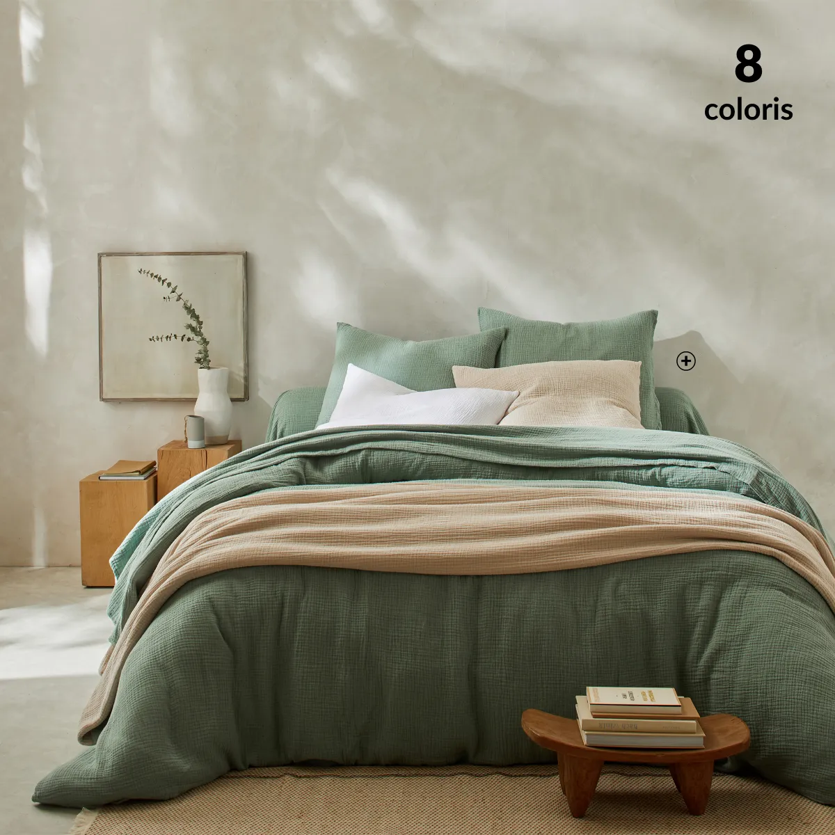 Linge de lit uni en triple gaze de coton vert doux, texture légère et respirante, style naturel – blog blancheporte