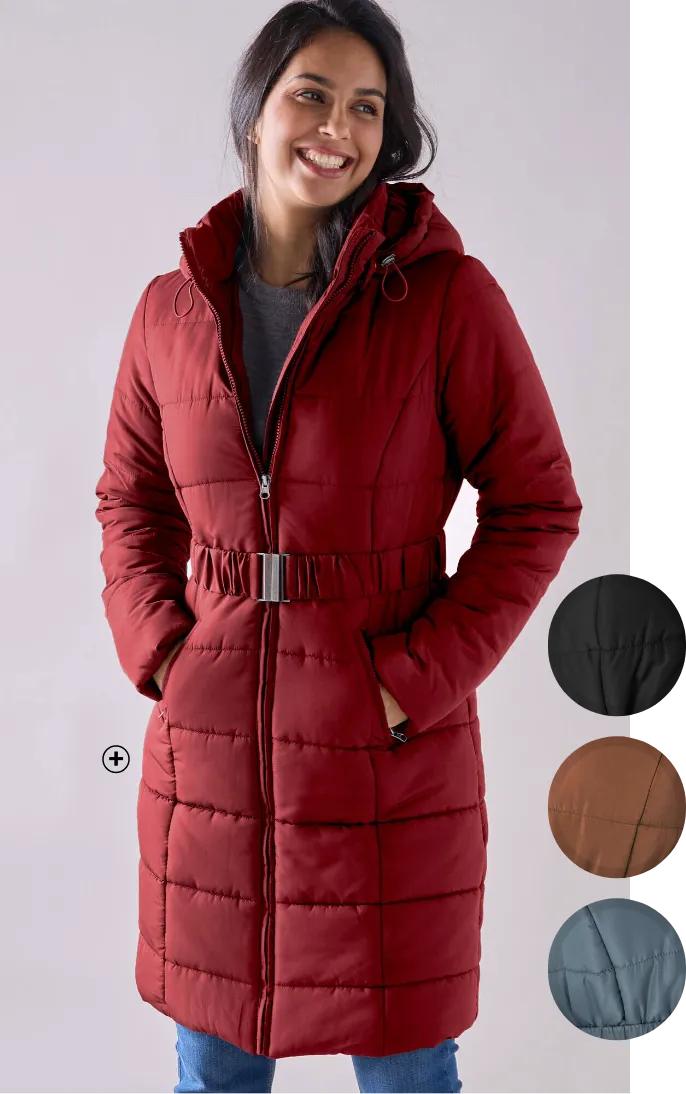 Lange donsjas met ceintuur, een getailleerd model dat het silhouet verlengt en een verfijnde uitstraling geeft – Blog Blancheporte