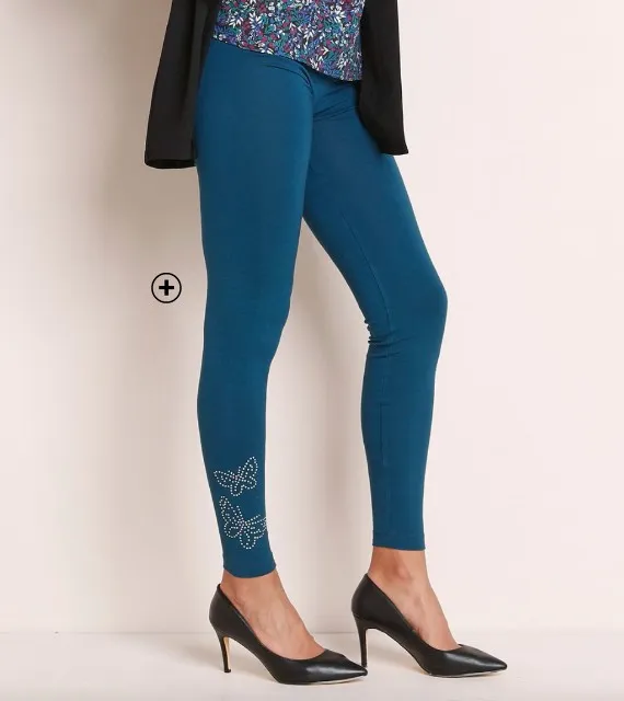 Blauwe legging voor dames met vlindermotief, straseffect en elastische taille, goedkoop | Blancheporte