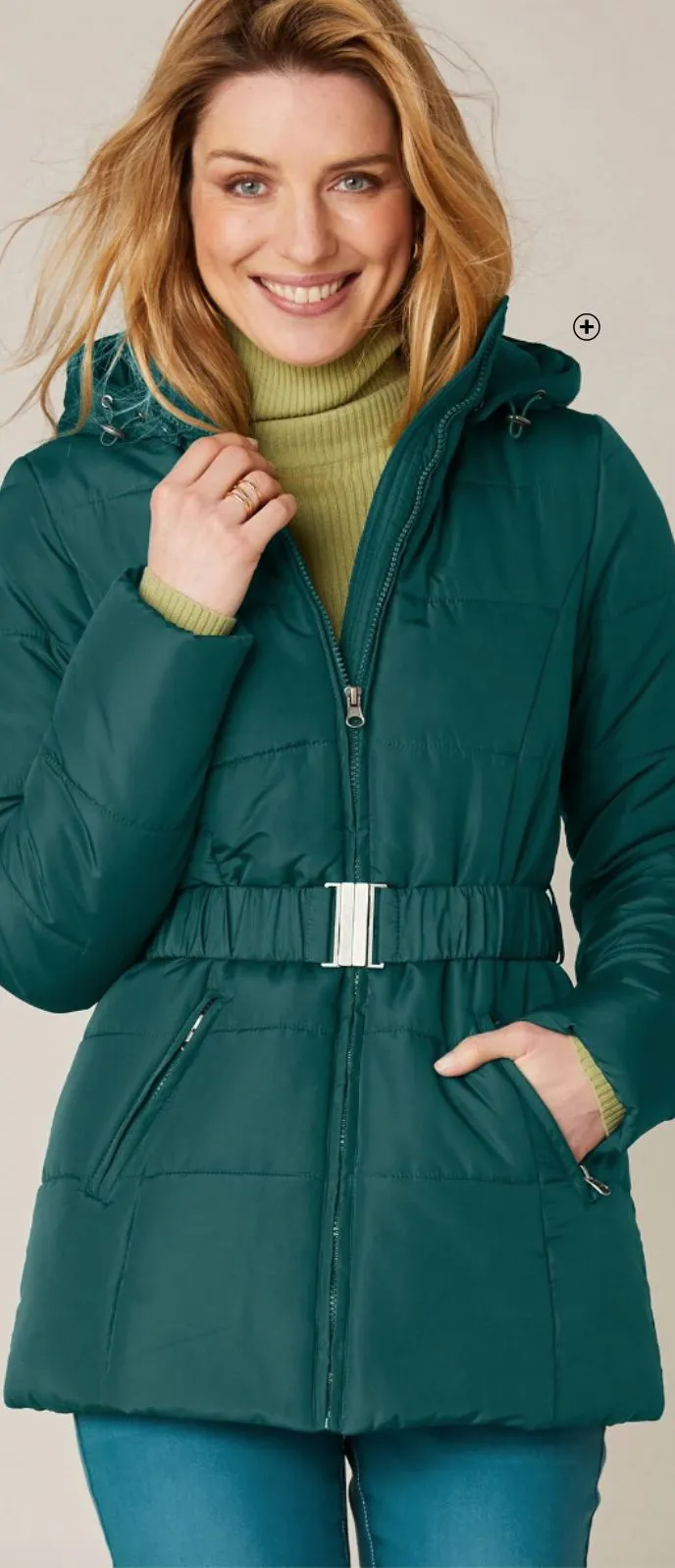 Manteau d'hiver  femme ceinturé court vert sapin uni pas cher | Blancheporte