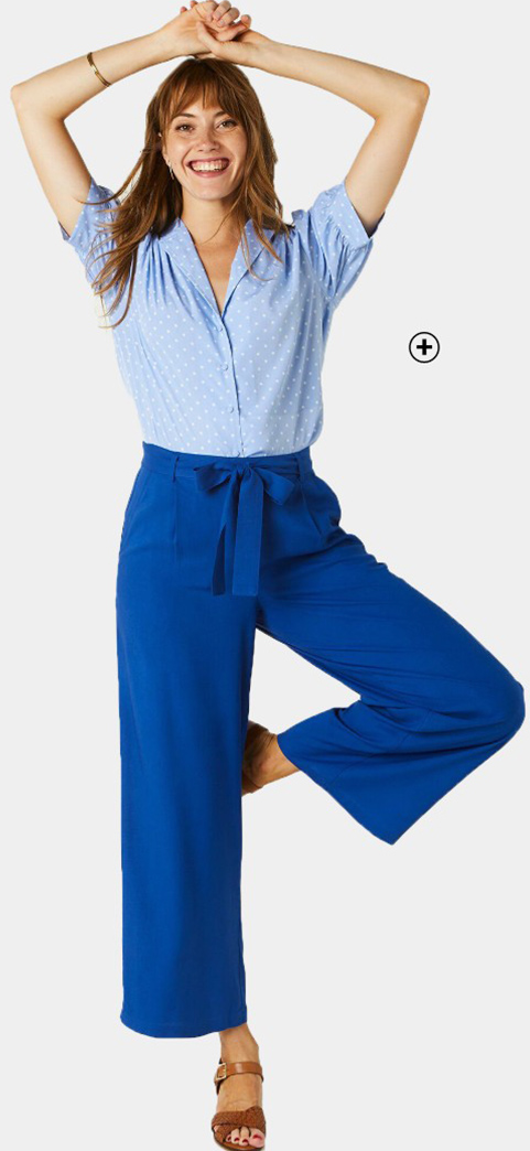 Pantalon large femme raccourci uni bleu pas cher | Blancheporte