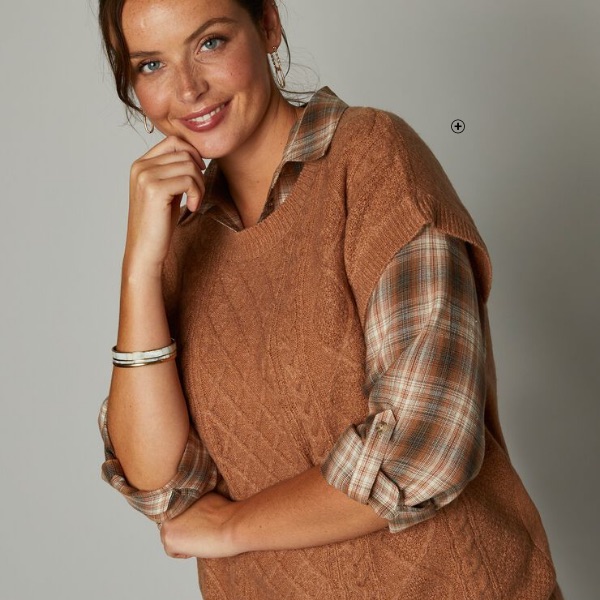 Mouwloze trui voor dames met kabels en afhangende schouders in karamelbruin, goedkoop | Blancheporte