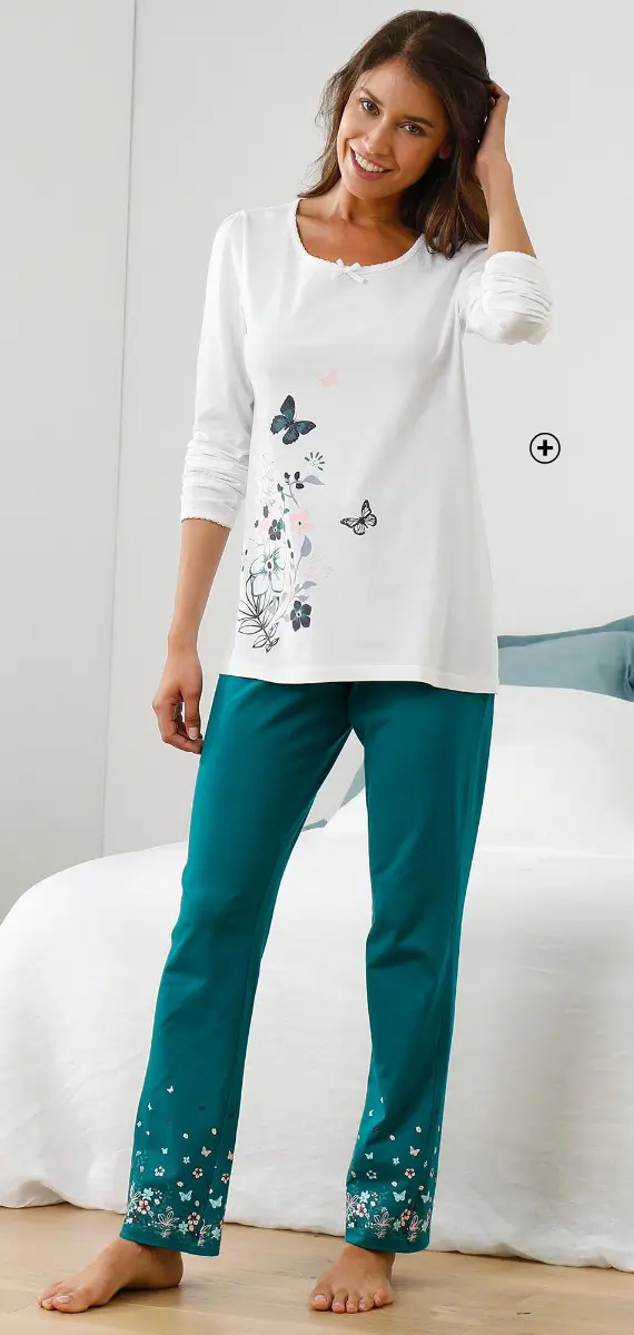Tee-shirt de pyjama manches longues avec imprimé placé bucolique, coloris rose | Blancheporte