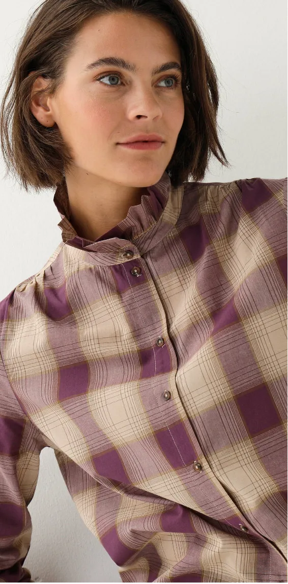 Blouse met opstaande kraag en ruches, ruitprint - Blancheporte Blog