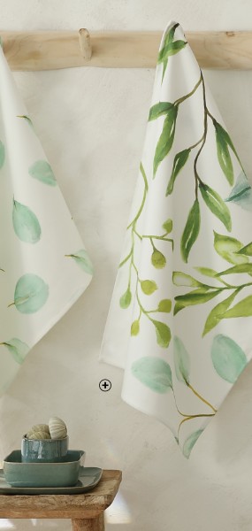 Made in France' keukenhanddoeken in wit en groen biokatoen met bladerenprint van 50 x 70 cm, goedkoop - Blancheporte