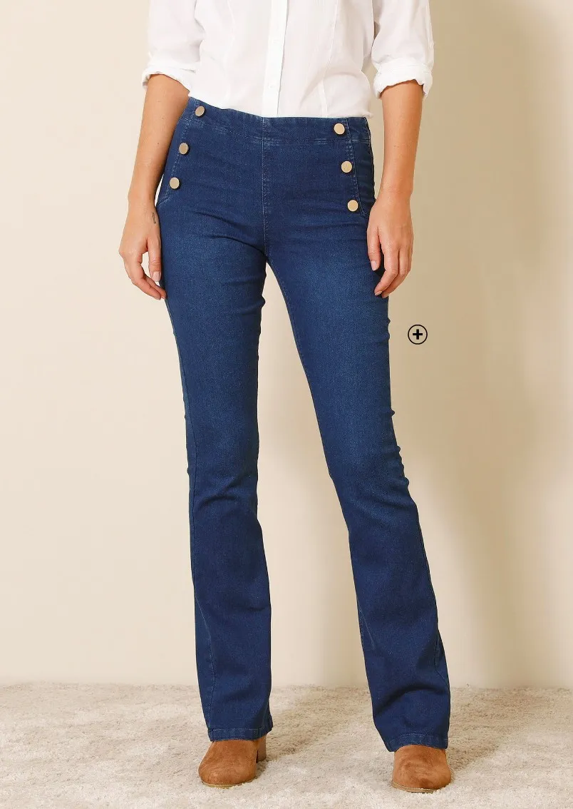 Platte buik' jegging voor dames in bootcut model van donkerblauw stretchdenim, goedkoop | Blancheporte