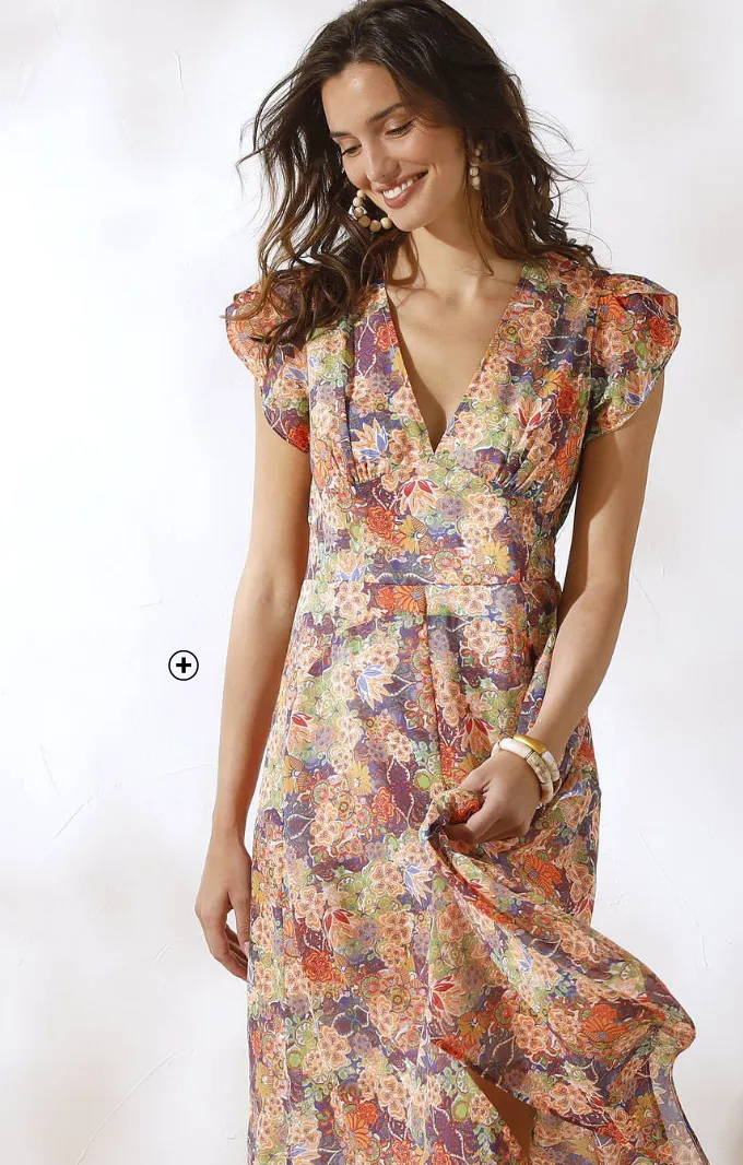 Jurk met V-hals, mouwkapjes met stroken, in bedrukte voile, perfect om met sneakers te dragen | Blancheporte