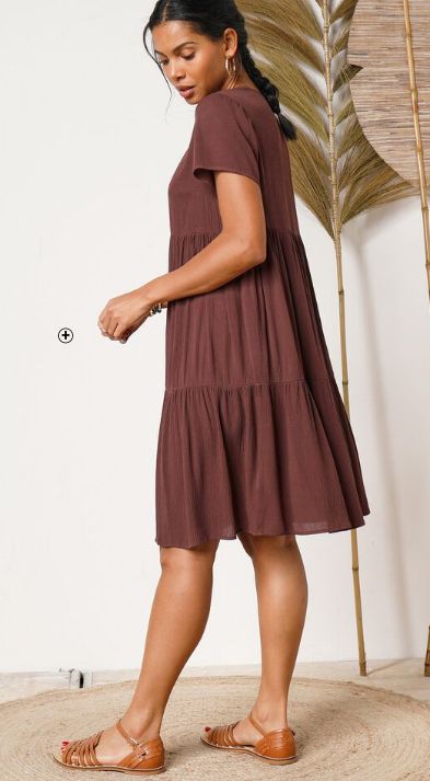 Robe col v courte unie en crépon Robe femme col v courte unie chocolat en crépon pas cher | Blancheporte