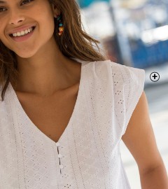 T-shirt femme col V broderie anglaise blanc pas cher | Blancheporte 