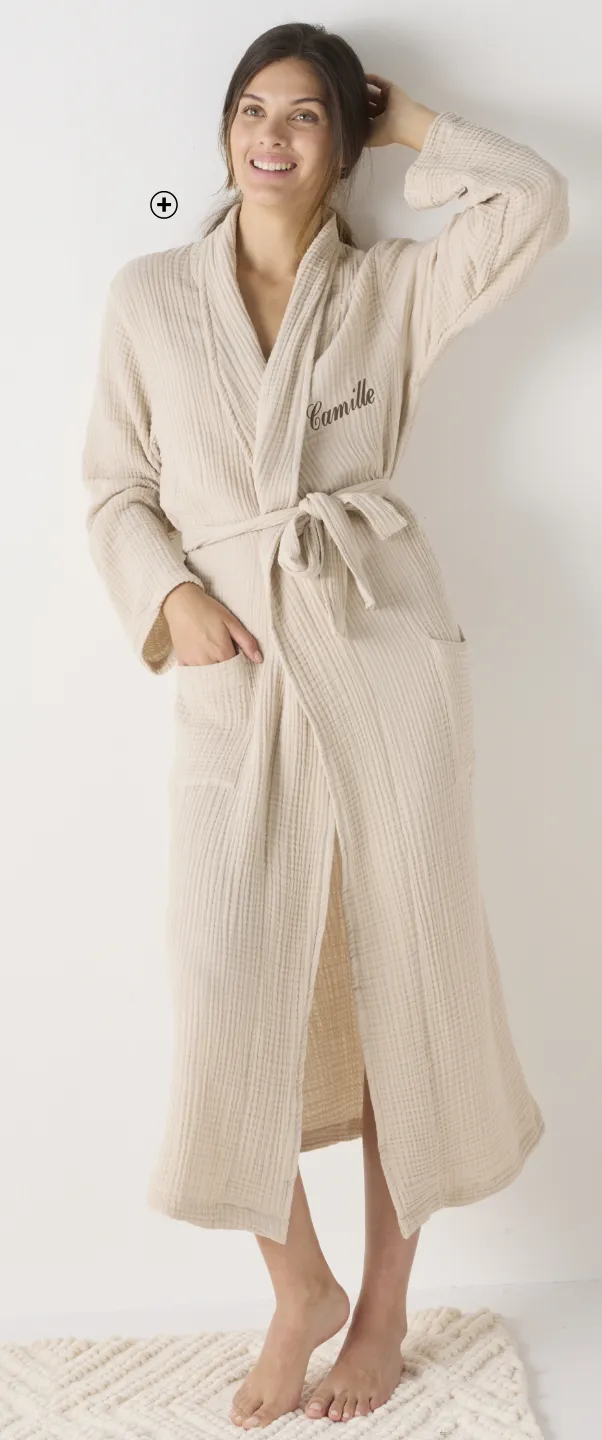 Peignoir mixte en triple gaze de coton personnalisable avec col châle, cadeau raffiné et cosy