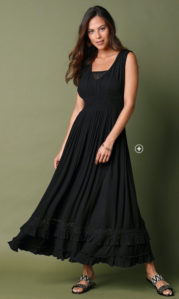 Robe longue femme à volants crépon et macramé noir pas cher | Blancheporte