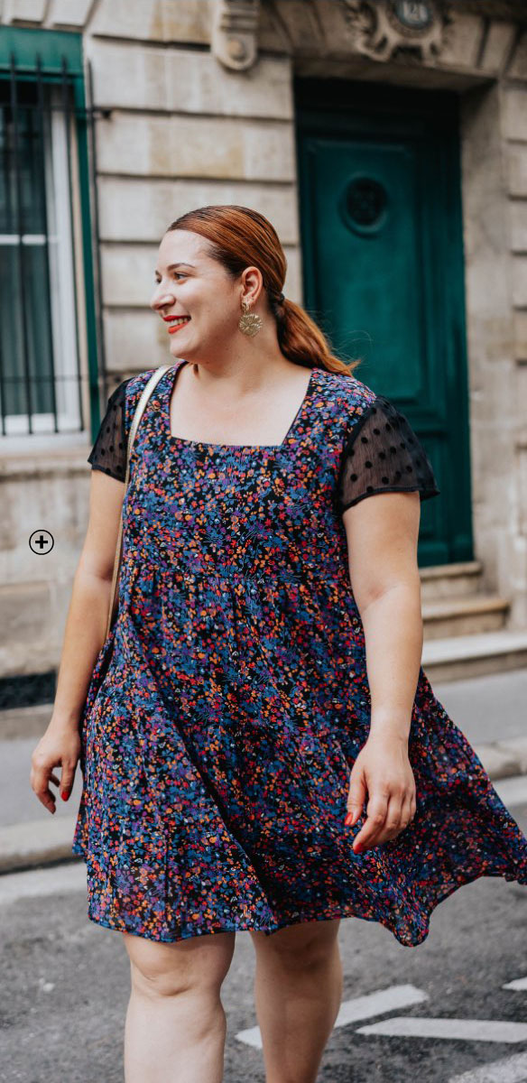 Jurk met stroken en bloemenprint Damesjurk in zwart en blauw met stroken en bloemenprint, goedkoop - Blancheporte X Mademoisellemodeuse