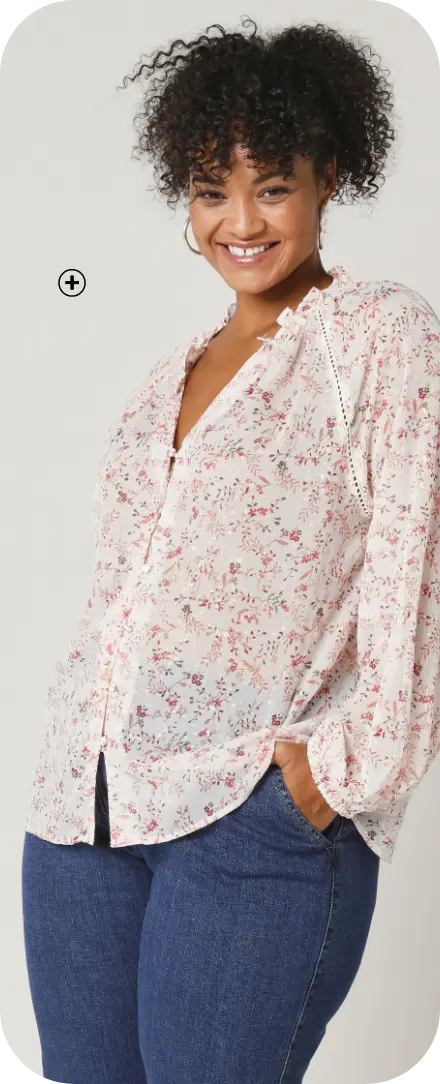 Chemise voile imprimé fleuri avec surimpression dorée, légère et élégante pour un look féminin et chic | Blancheporte