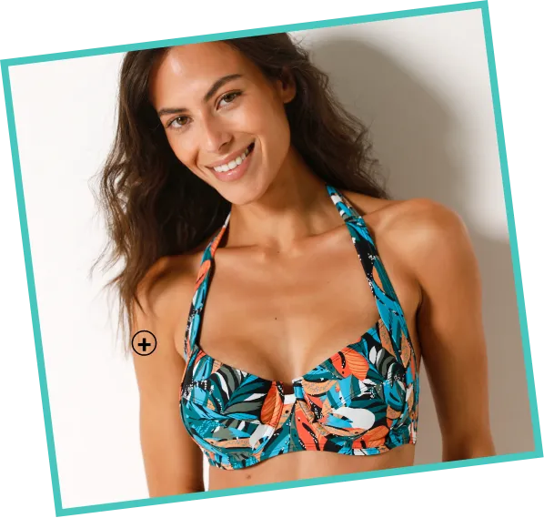 Haut de maillot de bain dos nu Baracoa avec armatures, imprimé tropical noir et corail, bonnets 3 parties, bretelles réglables - Blog Blancheporte