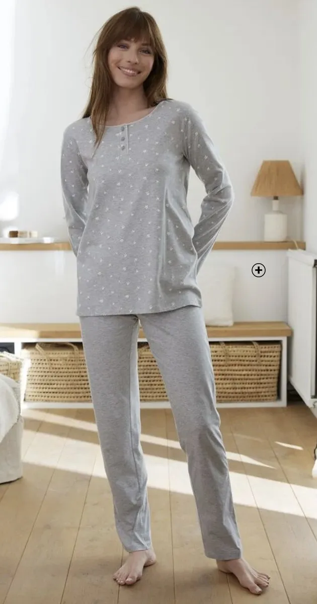 Pyjama d'hiver femme à manches longues en coton et col boutonné gris pas cher | Blancheporte