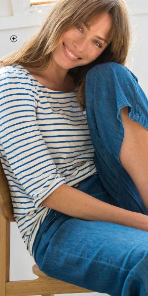T-shirt marinière rayée Marinière femme rayée manches coude bouffantes blanc et bleu pas cher | Blancheporte