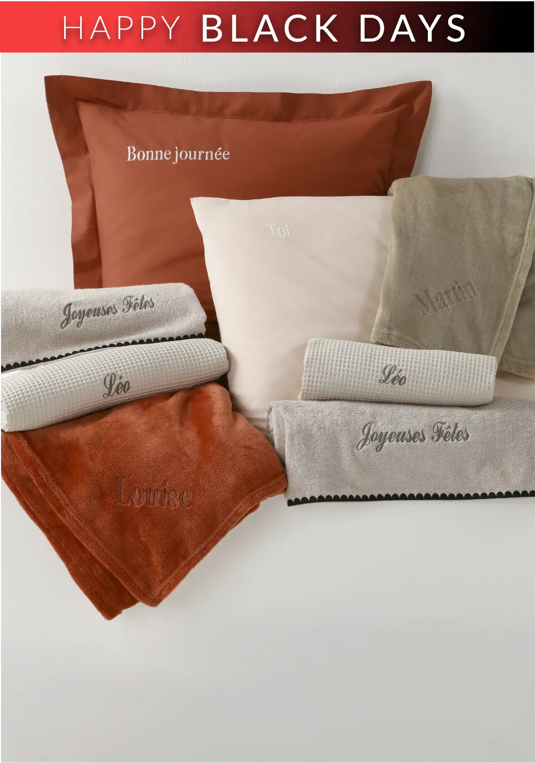 Happy Black Days: profiteer van al onze personaliseerbare borduursels op huishoudtextiel