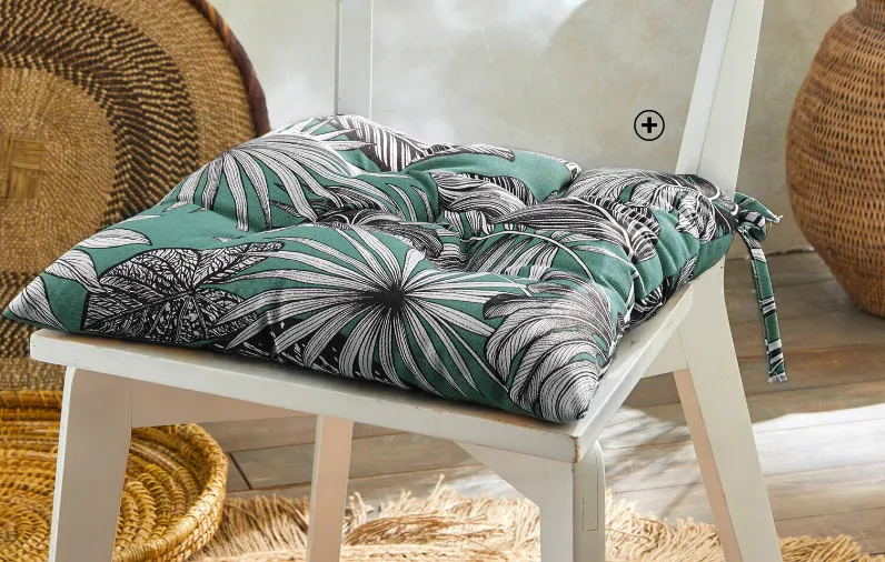 Galette de chaise imprimé tropical, idéal pour une déco tendance printemps été 2025 | Blancheporte