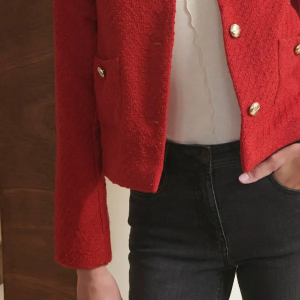 Veste boutonnée, tweed rouge - Blog Blancheporte
