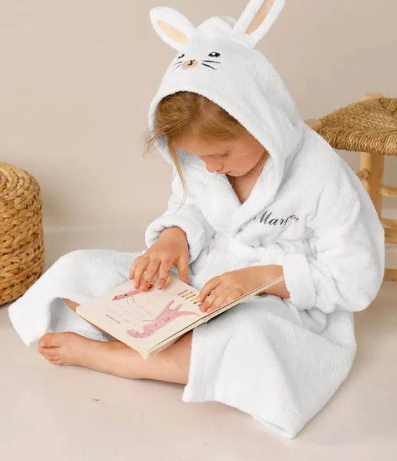 Peignoir de bain enfant personnalisable avec capuche lapin, cadeau tendre et ludique