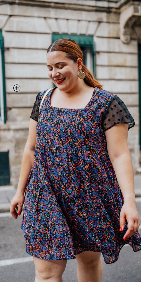 Jurk met stroken en bloemenprint Damesjurk in zwart en blauw met stroken en bloemenprint, goedkoop - Blancheporte X Mademoisellemodeuse