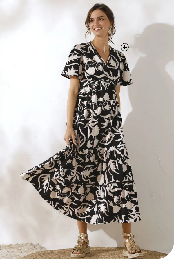Robe longue imprimée en coton avec détails jour échelle, féminine et légère, parfaite après 50 ans – quel style vestimentaire après 50 ans | Blancheporte
