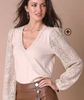 T-shirt femme effet cache-coeur à manches en dentelle Lora Zellini® beige pas cher | Blancheporte