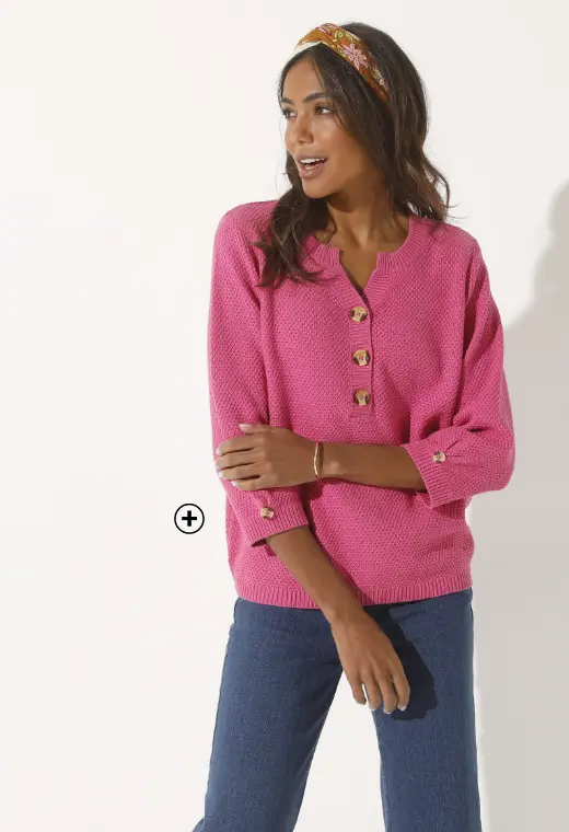 Trui met Tunesische hals en 3/4-mouwen in wit fantasietricot, een mix van comfort en stijl om er chic bij te lopen met een trui | Blancheporte