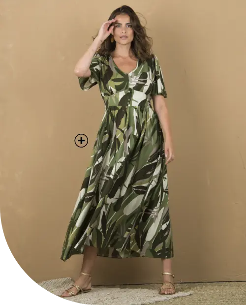 Robe longue imprimée avec ceinture smockée au dos – Kaki / Écru | Blancheporte
