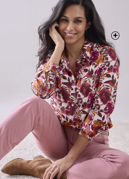 Chemisier boutonné imprimé fleurs en polyester recyclé, un choix écoresponsable dans les couleurs tendances automne hiver 2024 - Blancheporte