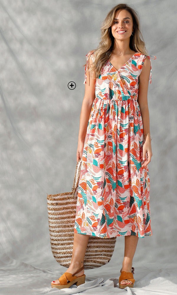 Robe longue femme sans manches effet cache-coeur crêpe imprimé orange pas cher | Blancheporte