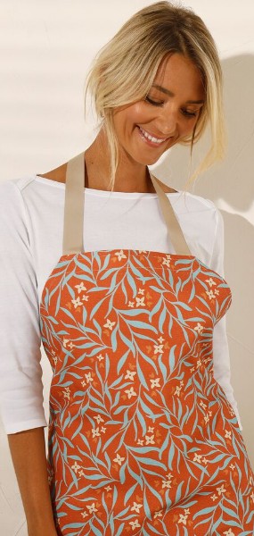 Tablier de cuisine pour femme ou homme rouge terracotta imprimé fleurs coton bio Made in France pas cher - Blancheporte