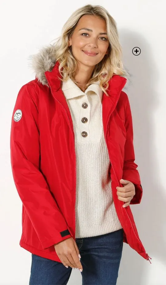 Parka d'hiver rouge femme imperméable zippée à capuche pas cher | Blancheporte