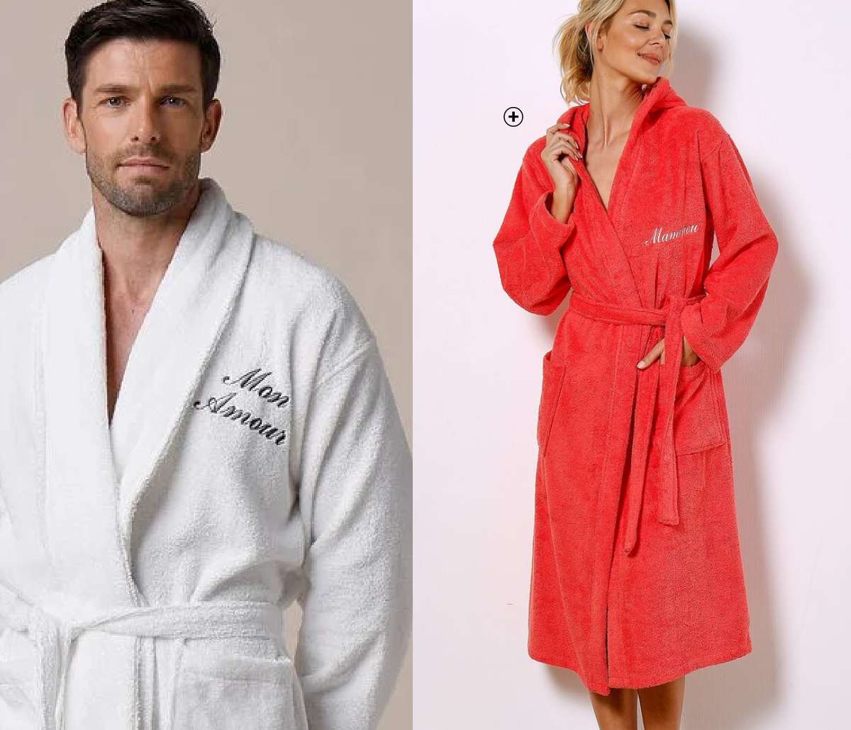 Peignoir personnalisable adulte Colombine® Peignoir personnalisable femme et homme Colombine® éponge col capuche rouge corail pas cher | Blancheporte