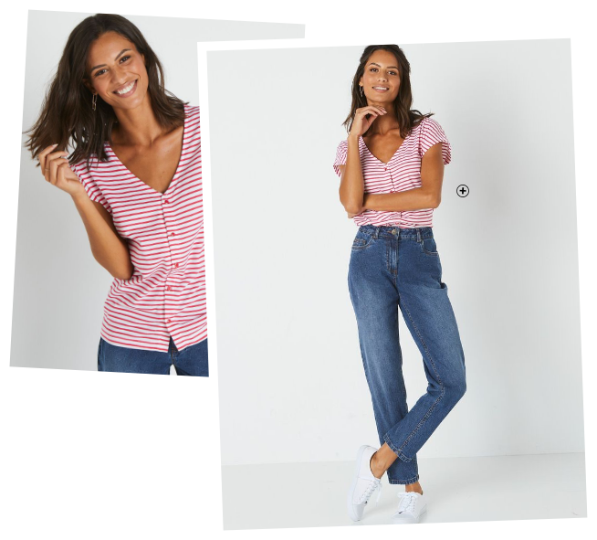 Marinière col V boutonnée Marinière col V boutonnée spécial petites rouge et blanc pas cher | Blancheporte