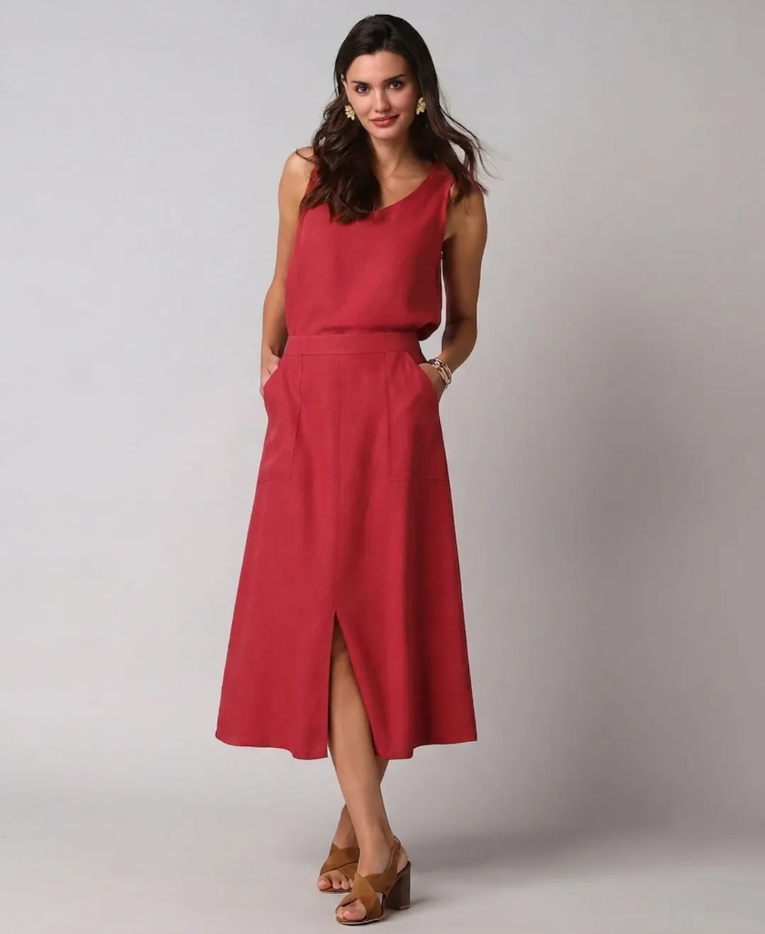 Lange soepelvallende rok met split, viscose/linnen in rozenhout, trapezemodel - Blancheporte Blog